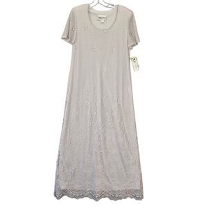 SL Fashions Gray Metallic Silver Maxi Dress NEW Women Size 16 Lace Short Sleeves